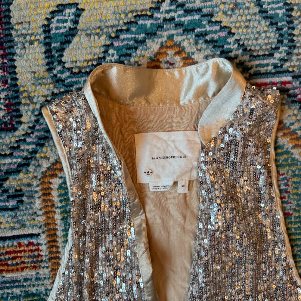 Anthropologie Silver Sequin and Beige Silky Vest Size XS - Picture 2 of 3